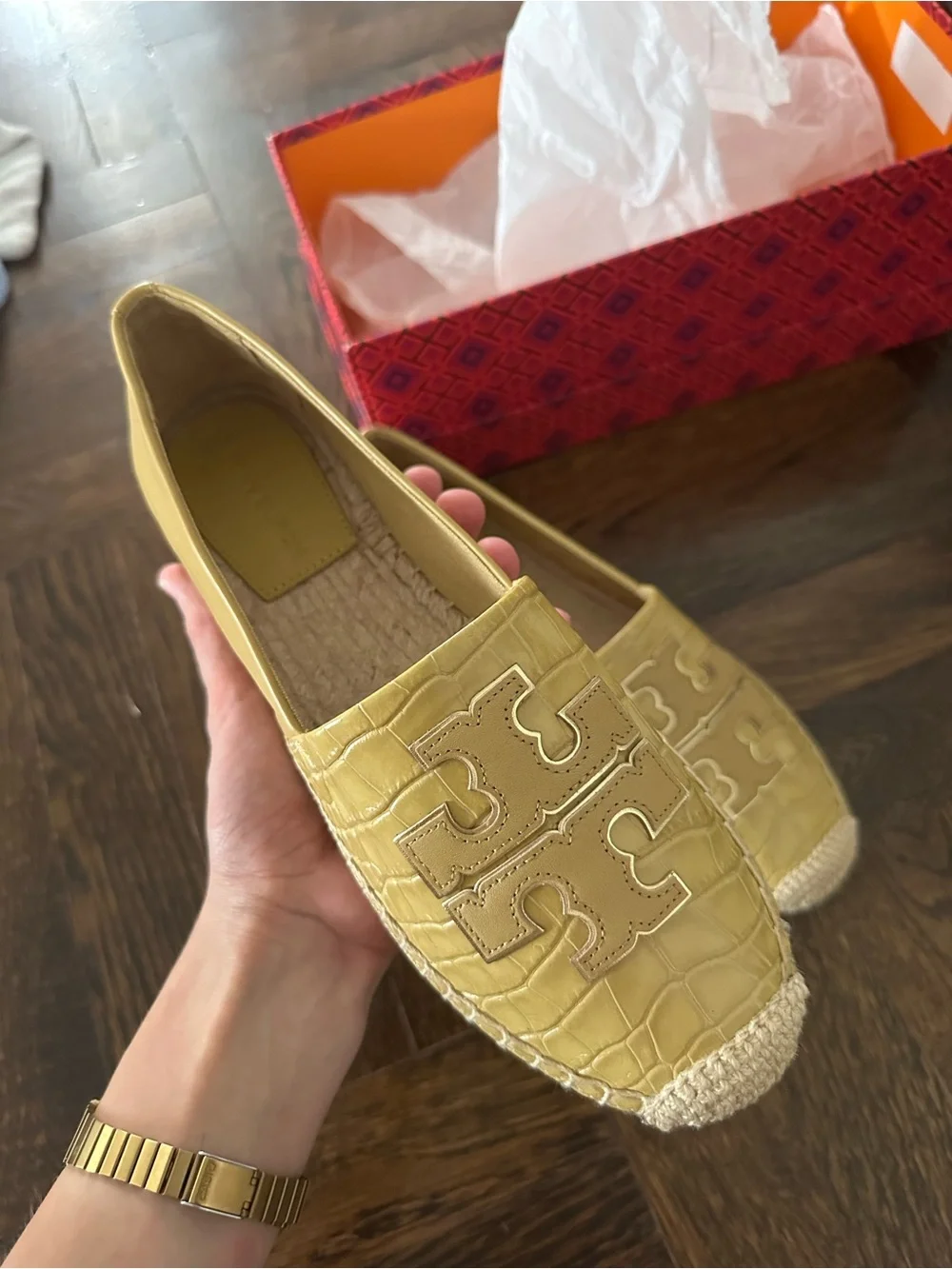 Tory Burch Lemon Yellow Croc-Embossed Espadrille Loafer